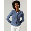 imageAllegra K Womens Peplum Denim Jackets Collarless Round Neck Button Down Cropped Ruffle Hem JacketLight Blue