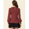 imageAllegra K Womens Peter Pan Collar Shirt Fashion Puff Long Sleeve Houndstooth Plaid BlouseRed