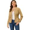 imageAllegra K Womens Peplum Denim Jackets Collarless Round Neck Button Down Cropped Ruffle Hem JacketKhaki