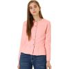 imageAllegra K Womens Peplum Denim Jackets Collarless Round Neck Button Down Cropped Ruffle Hem JacketLight Pink