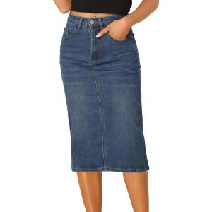 imageAllegra K Casual Denim Skirt for Womens High Waist Split Back Pockets Midi Jean SkirtsBlue