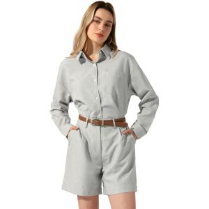 imageAllegra K Linen Shot Sets for Womens 2 Piece Outfit Long Sleeve Button Shirt and Belted ShortsLight Grey