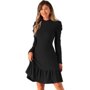 imageAllegra K Sweater Dress for Womens Crew Collar Stretchy Puff Long Sleeve Ruffle Hem Knit DressesBlack