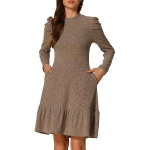 imageAllegra K Sweater Dress for Womens Crew Collar Stretchy Puff Long Sleeve Ruffle Hem Knit DressesCamel