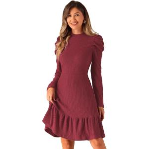 imageAllegra K Sweater Dress for Womens Crew Collar Stretchy Puff Long Sleeve Ruffle Hem Knit DressesWine