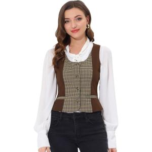 imageAllegra K Vintage Waistcoat Vest for Womens Plaid Button Down Work Dressy VestsBrown