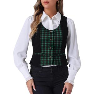 imageAllegra K Vintage Waistcoat Vest for Womens Plaid Button Down Work Dressy VestsGreen