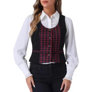 imageAllegra K Vintage Waistcoat Vest for Womens Plaid Button Down Work Dressy VestsRed