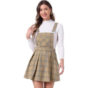 imageAllegra K Womens Checks Adjustable Strap Christmas Pinafore Overall Dress Suspender SkirtKhaki