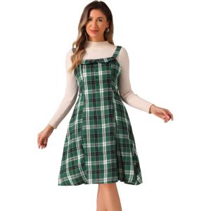 imageAllegra K Womens Christmas Plaid Dress Vintage Sleeveless Tie Waist ALine Pinafore Overall DressesDark Green