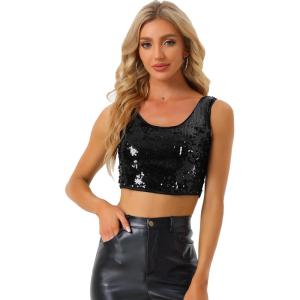 imageAllegra K Womens Metallic Sequin Crop Top Sparkle Glitter Sleeveless Party Club Tank TopBlack