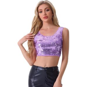 imageAllegra K Womens Metallic Sequin Crop Top Sparkle Glitter Sleeveless Party Club Tank TopLight Purple