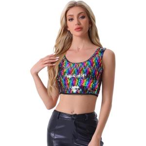 imageAllegra K Womens Metallic Sequin Crop Top Sparkle Glitter Sleeveless Party Club Tank TopMulticolor