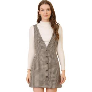 imageAllegra K Womens Overalls Suspenders Halloween V Neck Plaid Houndstooth Pinafore DressBeige Brown