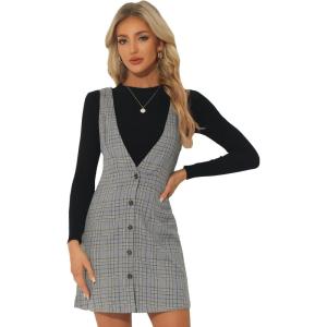 imageAllegra K Womens Overalls Suspenders Halloween V Neck Plaid Houndstooth Pinafore DressBlack