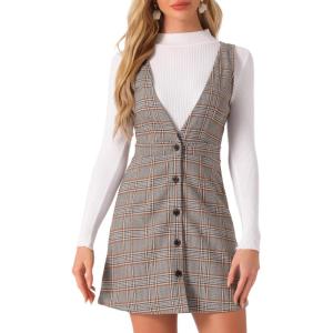 imageAllegra K Womens Overalls Suspenders Halloween V Neck Plaid Houndstooth Pinafore DressGray Brown