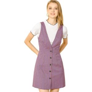 imageAllegra K Womens Overalls Suspenders Halloween V Neck Plaid Houndstooth Pinafore DressPink