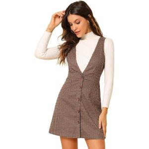 imageAllegra K Womens Overalls Suspenders Halloween V Neck Plaid Houndstooth Pinafore DressRed Black