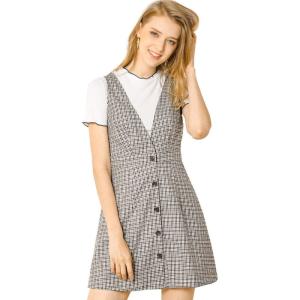 imageAllegra K Womens Overalls Suspenders Halloween V Neck Plaid Houndstooth Pinafore DressWhite