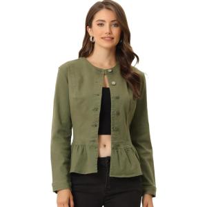 imageAllegra K Womens Peplum Denim Jackets Collarless Round Neck Button Down Cropped Ruffle Hem JacketArmy Green