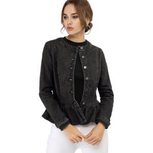 imageAllegra K Womens Peplum Denim Jackets Collarless Round Neck Button Down Cropped Ruffle Hem JacketBlack