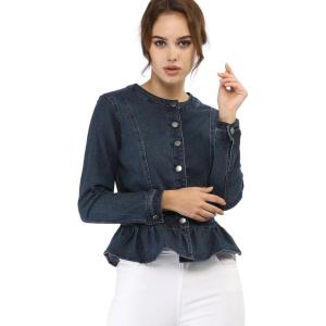 imageAllegra K Womens Peplum Denim Jackets Collarless Round Neck Button Down Cropped Ruffle Hem JacketBlue