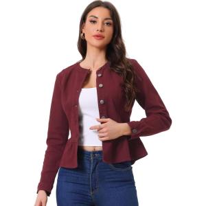 imageAllegra K Womens Peplum Denim Jackets Collarless Round Neck Button Down Cropped Ruffle Hem JacketBurgundy