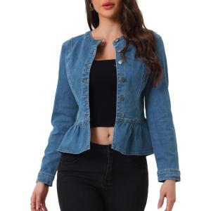 imageAllegra K Womens Peplum Denim Jackets Collarless Round Neck Button Down Cropped Ruffle Hem JacketDenim Blue