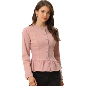 imageAllegra K Womens Peplum Denim Jackets Collarless Round Neck Button Down Cropped Ruffle Hem JacketDusty Pink