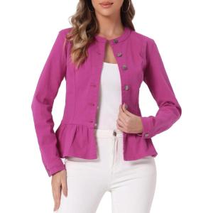 imageAllegra K Womens Peplum Denim Jackets Collarless Round Neck Button Down Cropped Ruffle Hem JacketHot Pink