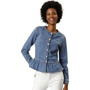 imageAllegra K Womens Peplum Denim Jackets Collarless Round Neck Button Down Cropped Ruffle Hem JacketLight Blue