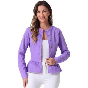 imageAllegra K Womens Peplum Denim Jackets Collarless Round Neck Button Down Cropped Ruffle Hem JacketPurple