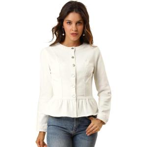 imageAllegra K Womens Peplum Denim Jackets Collarless Round Neck Button Down Cropped Ruffle Hem JacketWhite