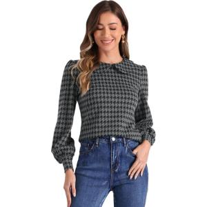 imageAllegra K Womens Peter Pan Collar Shirt Fashion Puff Long Sleeve Houndstooth Plaid BlouseGrey Black