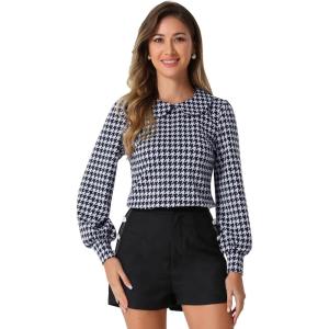 imageAllegra K Womens Peter Pan Collar Shirt Fashion Puff Long Sleeve Houndstooth Plaid BlouseNavy Blue