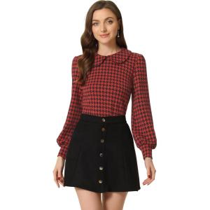 imageAllegra K Womens Peter Pan Collar Shirt Fashion Puff Long Sleeve Houndstooth Plaid BlouseRed