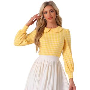 imageAllegra K Womens Peter Pan Collar Shirt Fashion Puff Long Sleeve Houndstooth Plaid BlouseYellow White