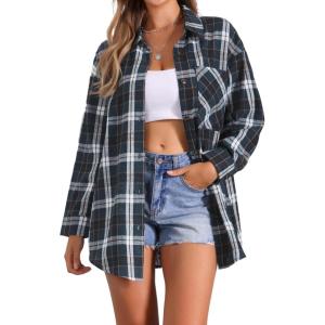 imageAllegra K Womens Plaid Shirt Oversized Collared Button Down Long Sleeve Casual Blouse TopBlue