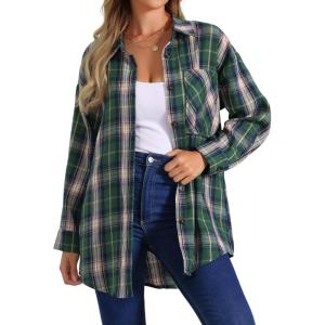 imageAllegra K Womens Plaid Shirt Oversized Collared Button Down Long Sleeve Casual Blouse TopGreen