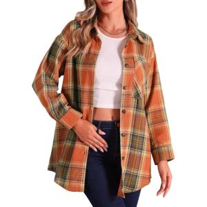 imageAllegra K Womens Plaid Shirt Oversized Collared Button Down Long Sleeve Casual Blouse TopOrange