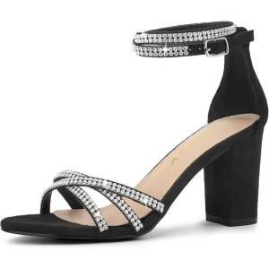 imageAllegra K Womens Rhinestones Strappy Chunky Heel SandalsBlack