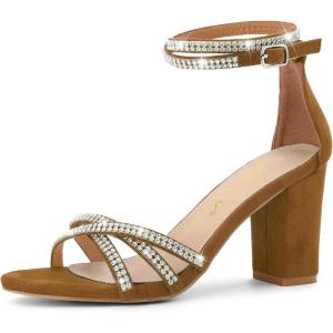 imageAllegra K Womens Rhinestones Strappy Chunky Heel SandalsBrown