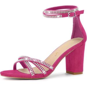 imageAllegra K Womens Rhinestones Strappy Chunky Heel SandalsHot Pink