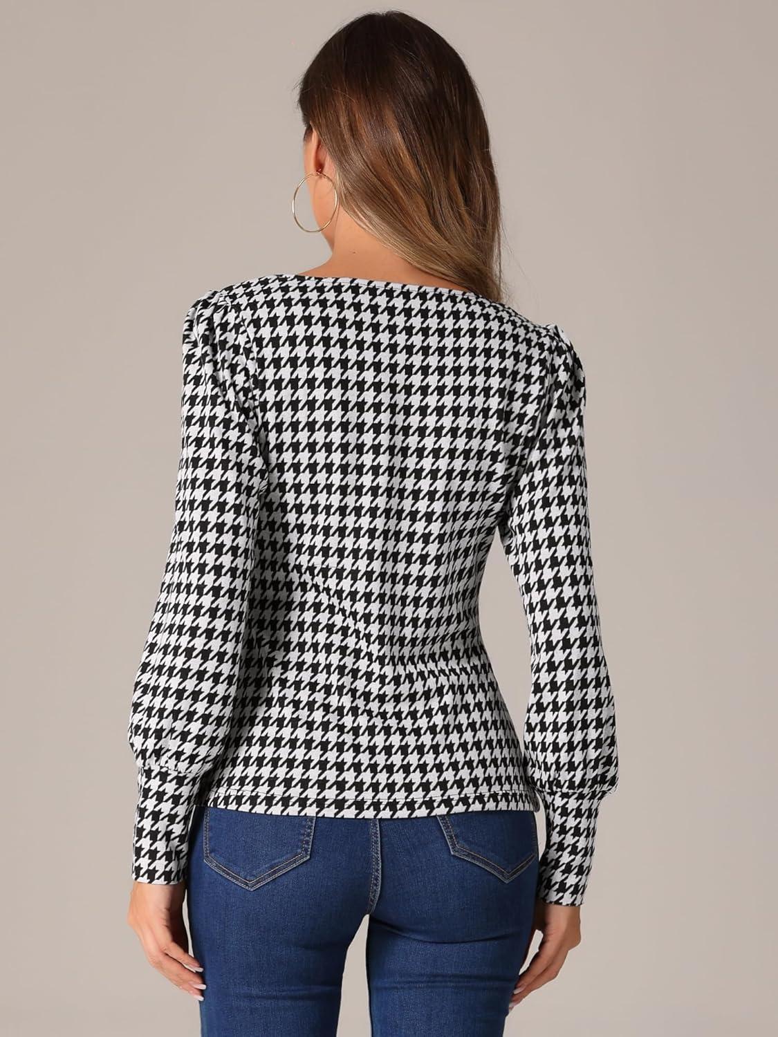 imageAllegra K Houndstooth Tops for Womens 1950s Vintage Bishop Sleeve Square Neck BlouseBlack White