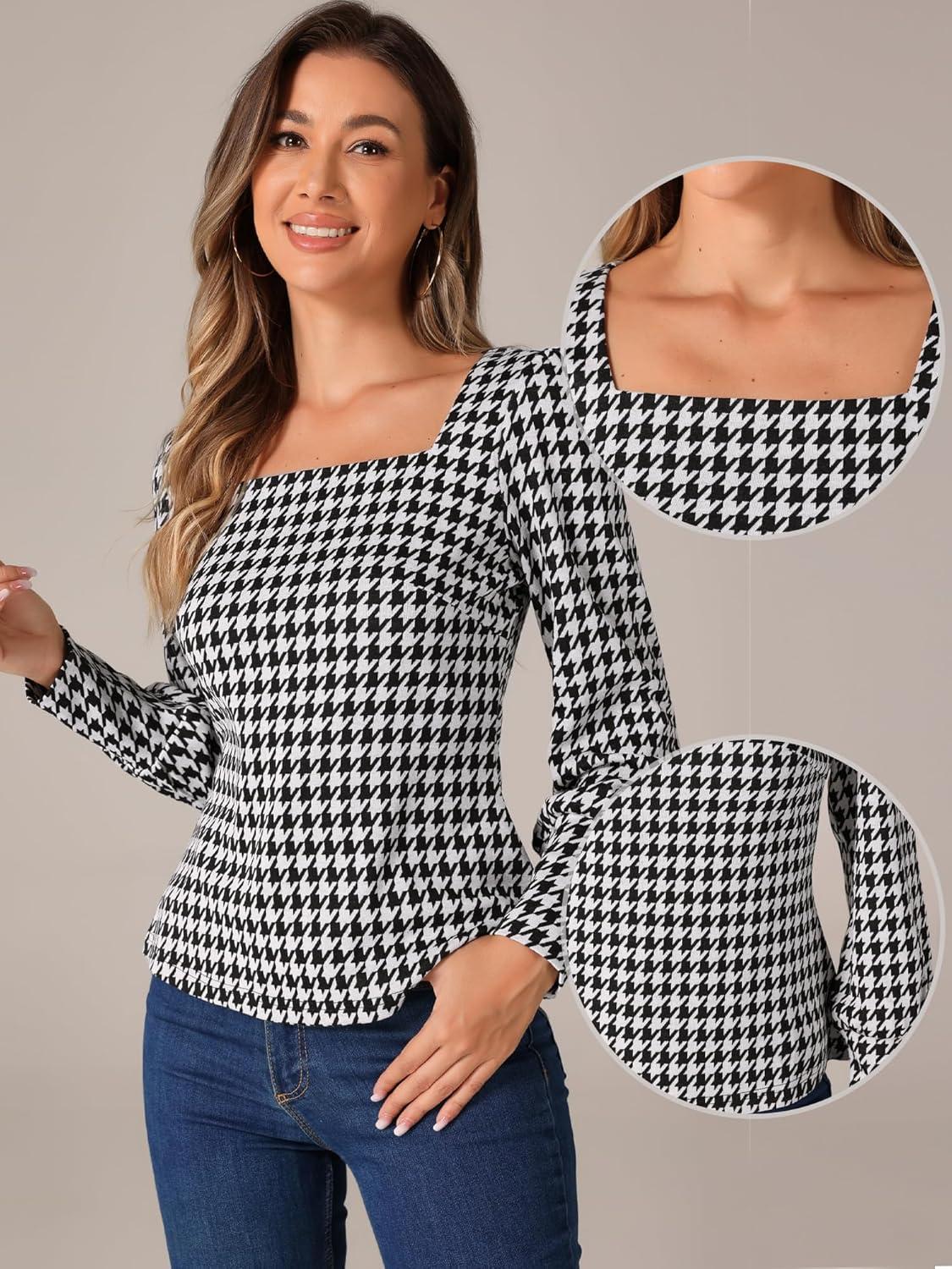 imageAllegra K Houndstooth Tops for Womens 1950s Vintage Bishop Sleeve Square Neck BlouseBlack White
