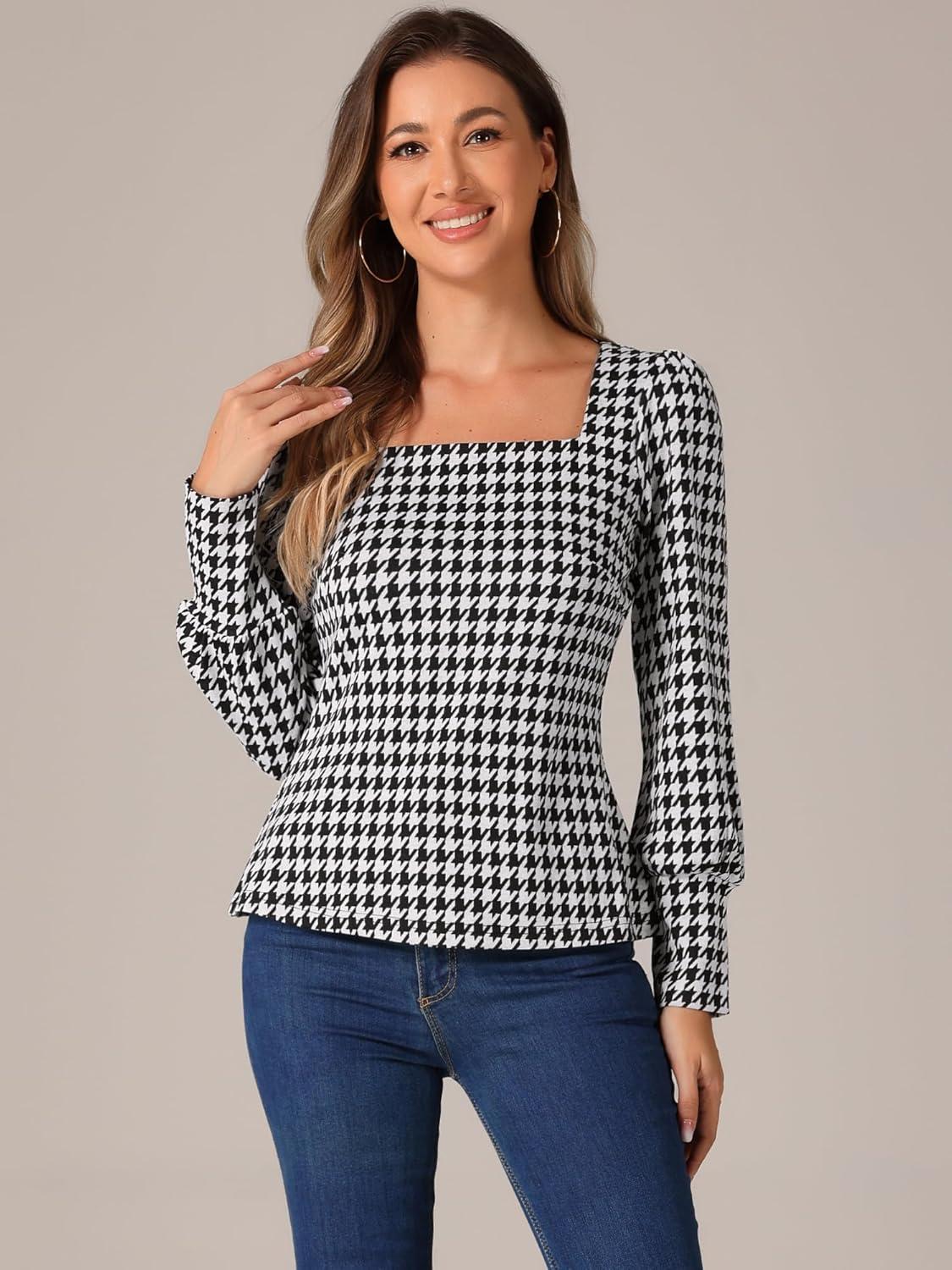imageAllegra K Houndstooth Tops for Womens 1950s Vintage Bishop Sleeve Square Neck BlouseBlack White