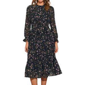 imageAllegra K Fall Floral Mock Neck Dress for Womens Ruffle Long Sleeve Flowy Chiffon ALine Midi DressesBlack