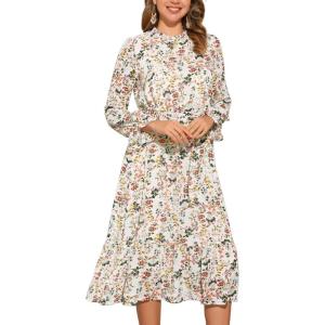 imageAllegra K Fall Floral Mock Neck Dress for Womens Ruffle Long Sleeve Flowy Chiffon ALine Midi DressesWhite