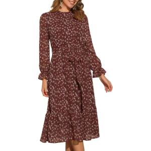 imageAllegra K Fall Floral Mock Neck Dress for Womens Ruffle Long Sleeve Flowy Chiffon ALine Midi DressesWine Red