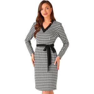 imageAllegra K Fall Vintage Dresses for Womens V Neck Houndstooth Knit Belted Long Sleeve Pencil DressBlack